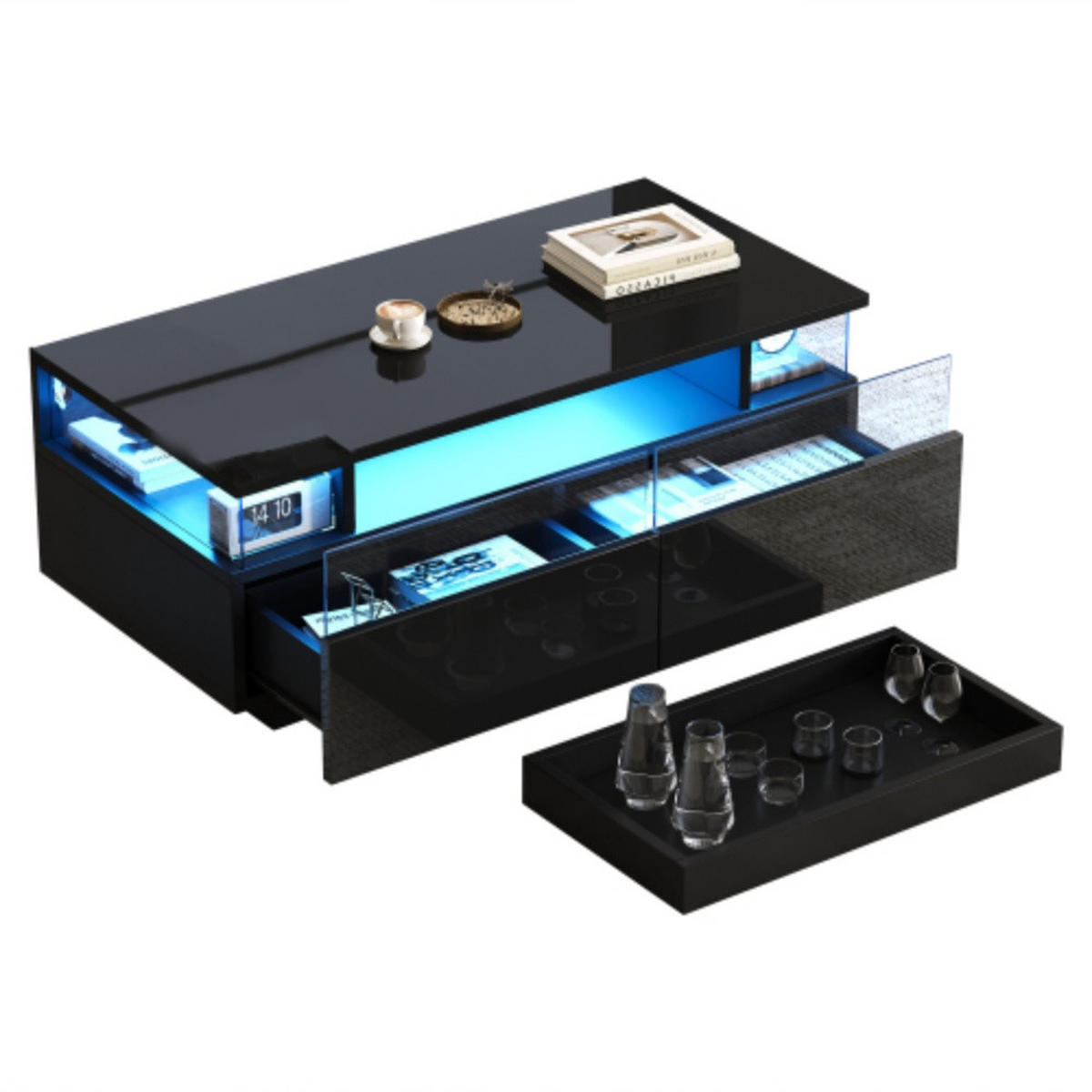 COUCHTISCH 90/45/35,5 cm Schwarz aus Holzwerkstoff mit abnehmbarem Tablett und LED-Licht - Schwarz, Holzwerkstoff (90/45/35.5cm) - OKWISH