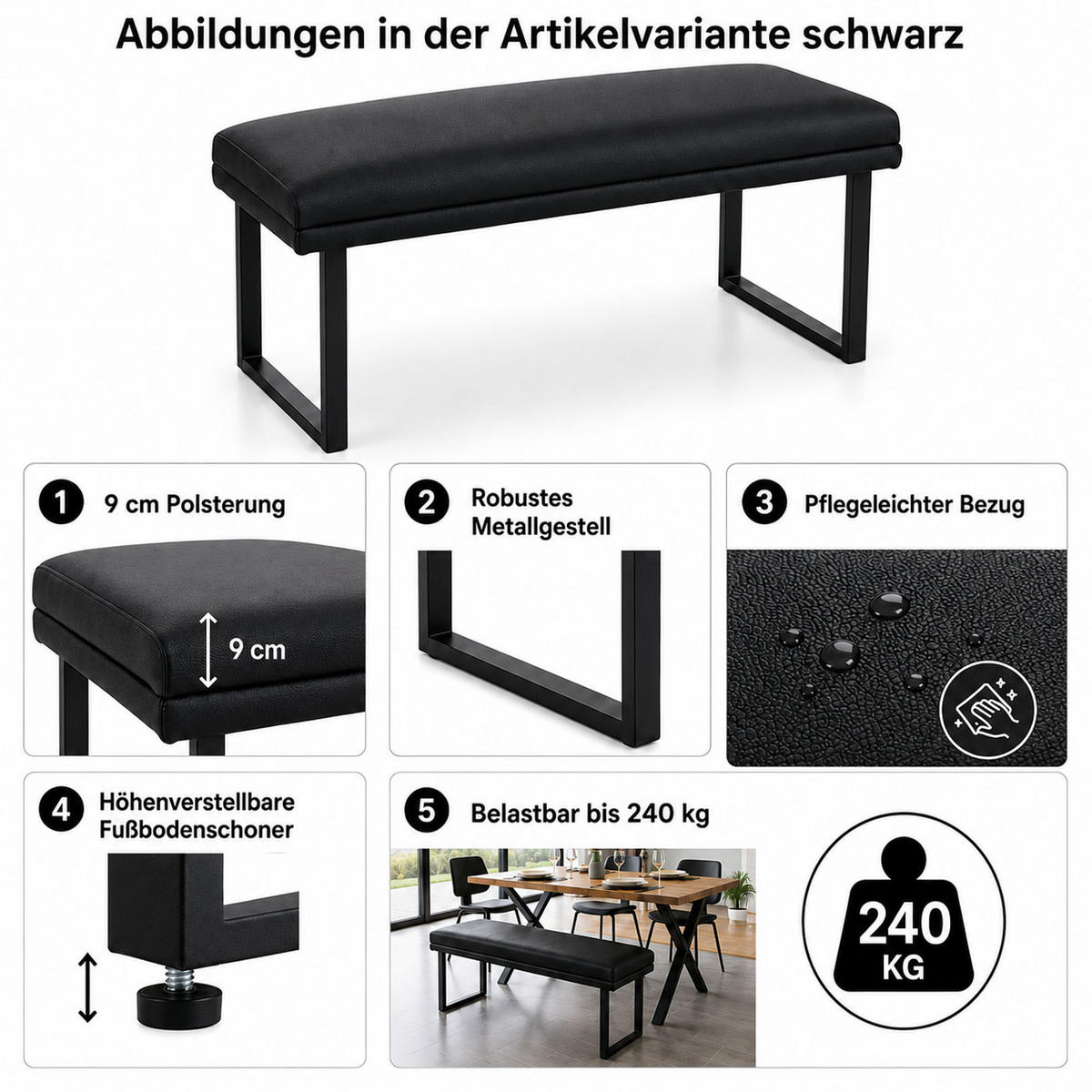SITZBANK Schwarz - Schwarz, Kunststoff (120/50/43cm) - MCW