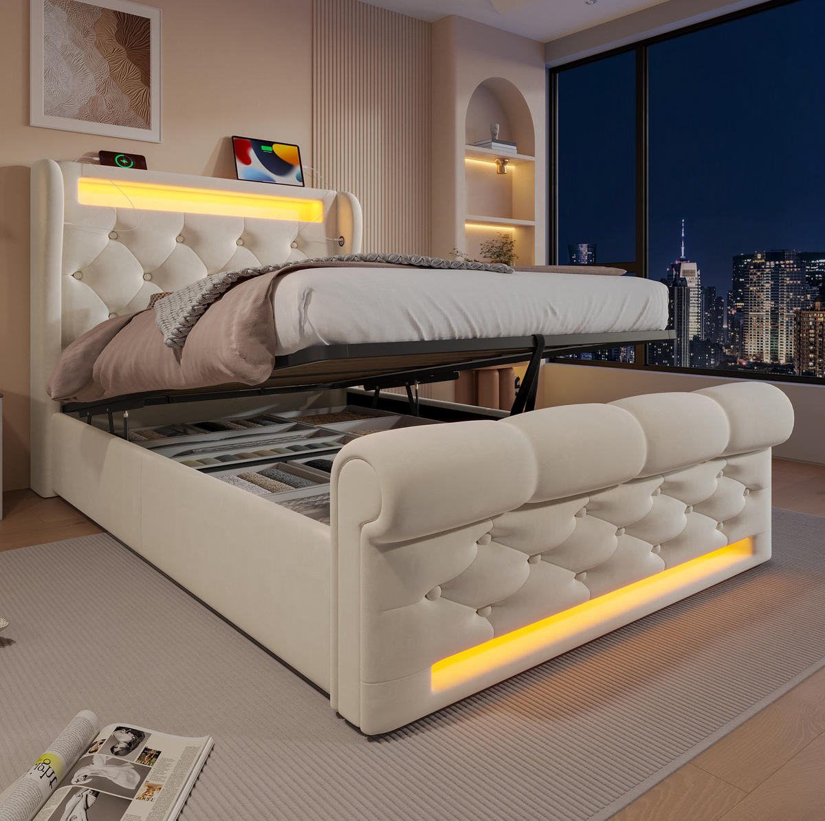 SAMT-POLSTERBETT 90/200 cm Beige mit LED-Beleuchtung und Bettkasten - Beige, Textil (90/200cm) - BEAOK