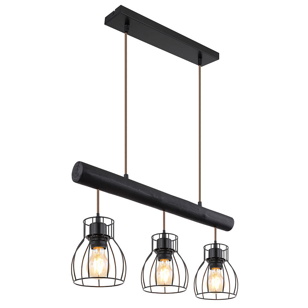 PENDELLAMPE Holz Schwarz Metallgitter - Schwarz, Holz (60/13.6/140cm) - Globo Lighting