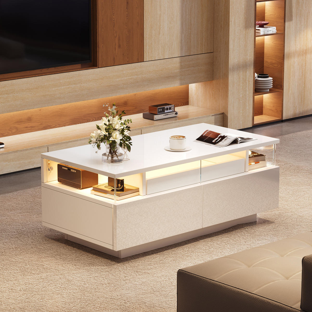 COUCHTISCH 90/45/35,5 cm mit LED-Beleuchtung, herausnehmbarem Tablett und 2 Schubladen, Hochglanz mit Hartglas, Weiß - Weiß, Holzwerkstoff (90/45/35.5cm) - Redom