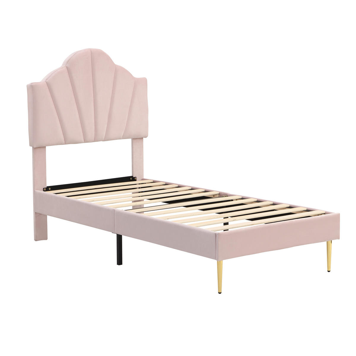 POLSTERBETT 90/200 cm Rosa mit muschelartigem Kopfteil und goldenen Eisenbeinen - Rosa, Textil (90/200cm) - OKWISH