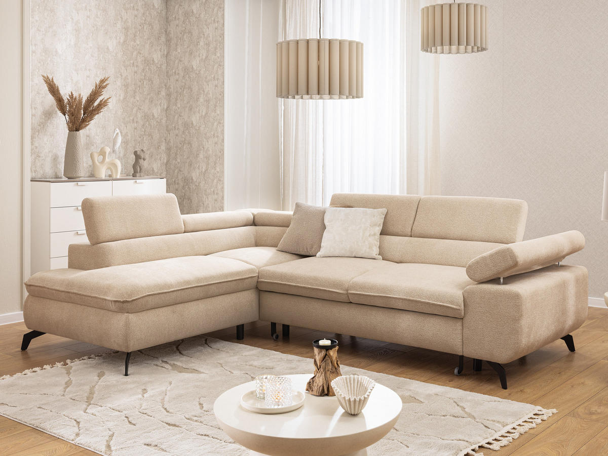 ECKSOFA mit Schlaffunktion und Bettkasten Bonnie aus Taupe Chenille-Stoff mit verstellbaren Kopfstützen und Armlehne - Ottomane links - Taupe/Schwarz, Holz/Textil (275/210cm) - S-Style Möbel