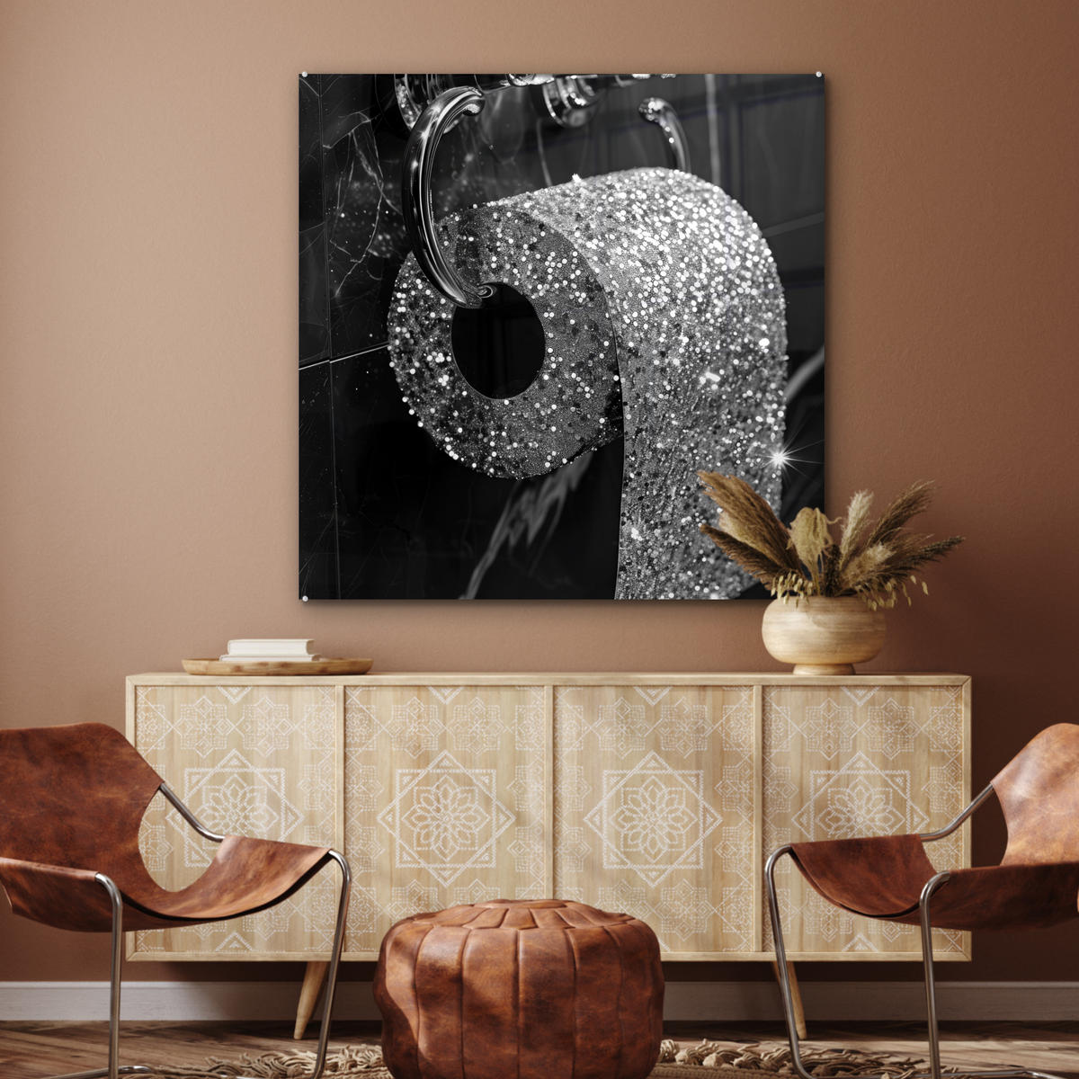 ACRYLGLASBILD WC - Toilettenpapier - Schwarz und weiß - Glitter 90x90 cm - Silberfarben, Glas (90/90cm) - MuchoWow
