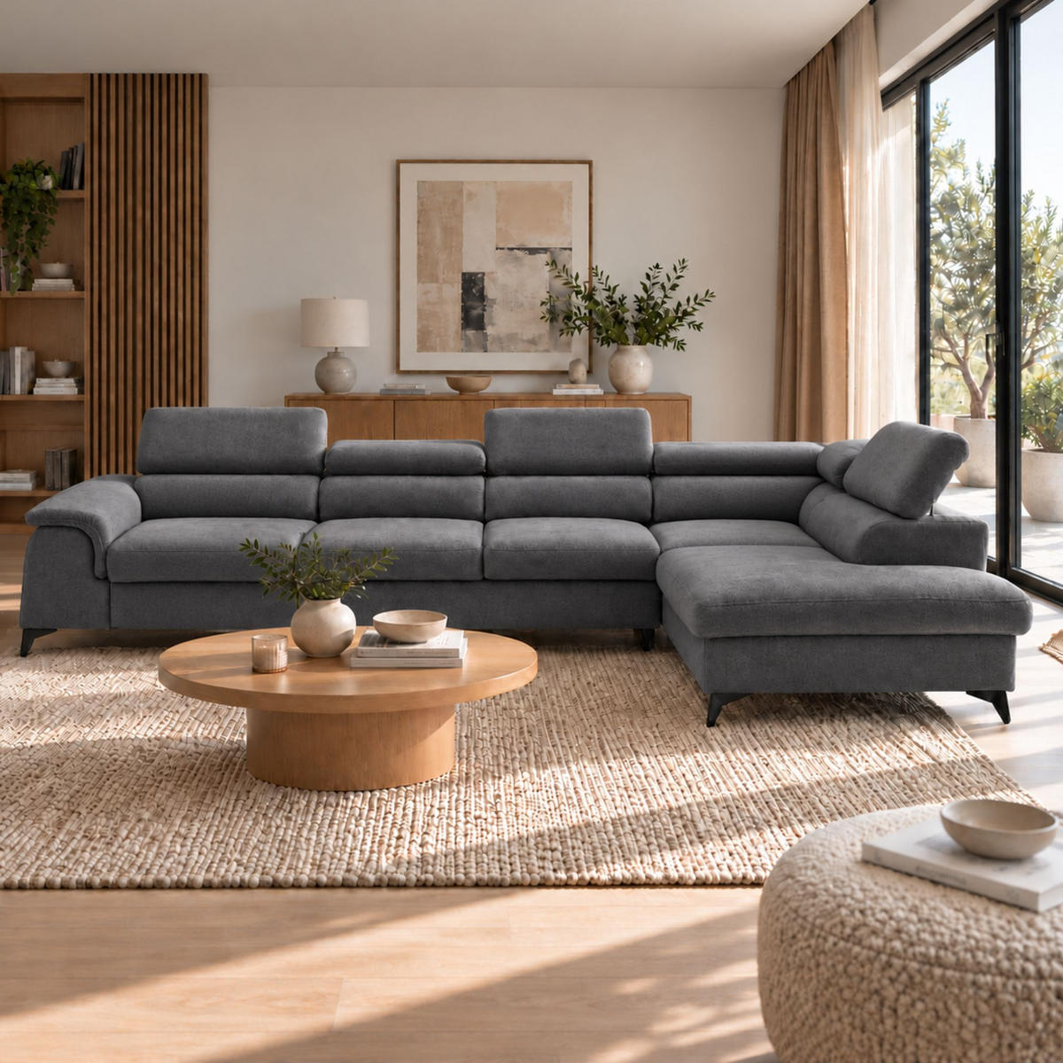ECKSOFA PLAZA MAXI Rechts mit Schlaffunktion 127x195 Velours Dunkelgrau - Dunkelgrau/Schwarz, Holz/Textil (203/350cm) - Muffo