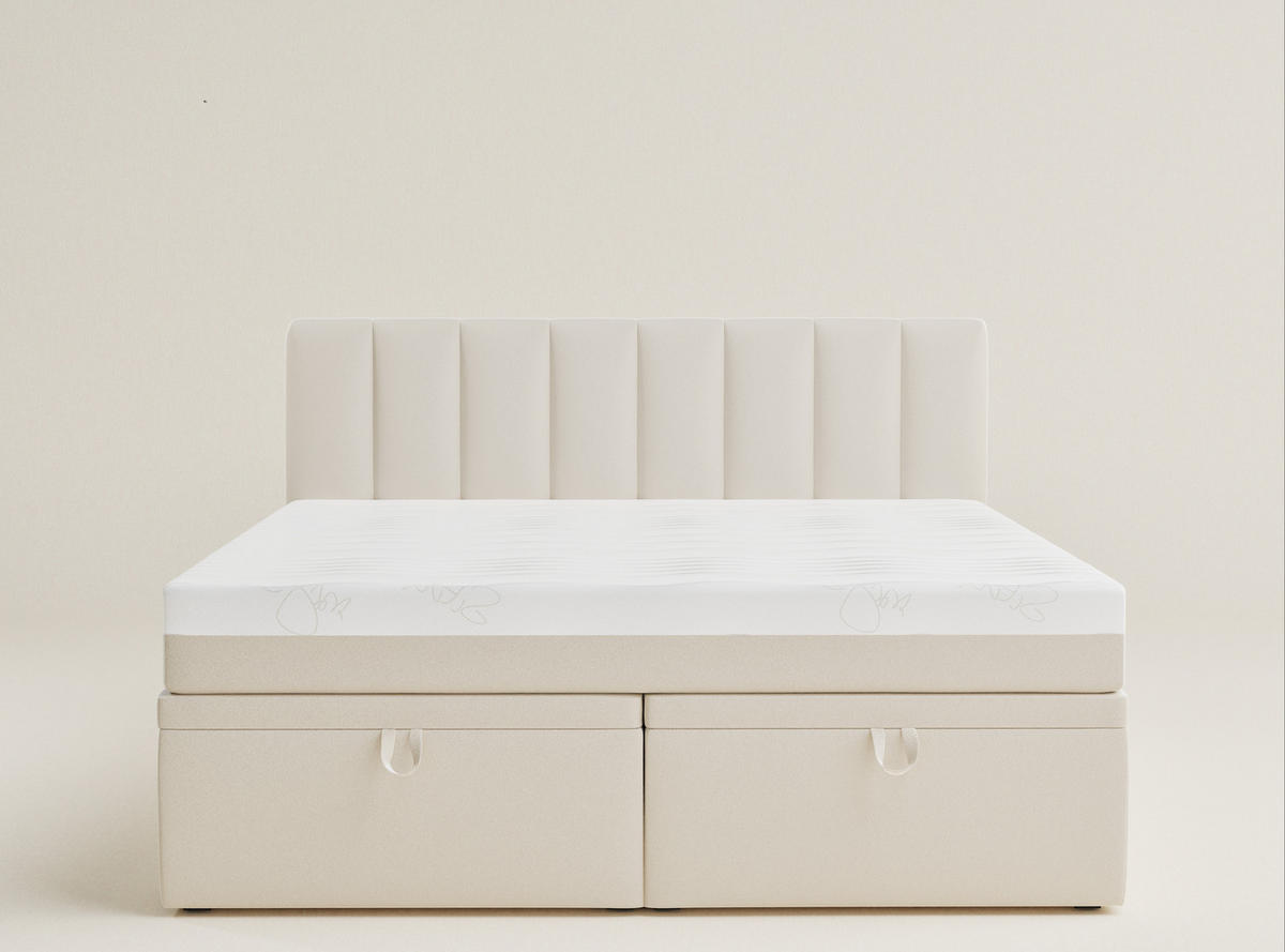 BOXBETT 160/200 cm Lovage S, in Hellbeige, Matratze, gepolstertes Kopfteil, Bettkasten, H3 = fest - Beige/Schwarz, Holz/Holzwerkstoff (160/200cm) - Maison de Reve