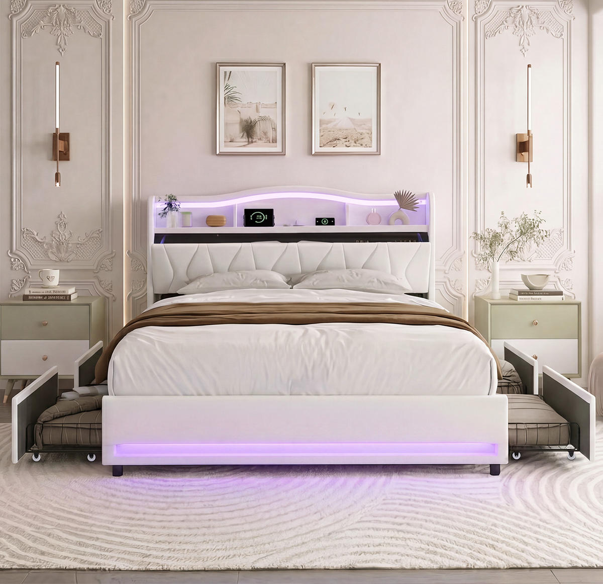 POLSTERBETT 140/200 cm Beige,Bett mit Stauraum, LED-Beleuchtung,USB und Type-C - Beige, Holz/Metall (140/200cm) - FURNISHINGS HOME