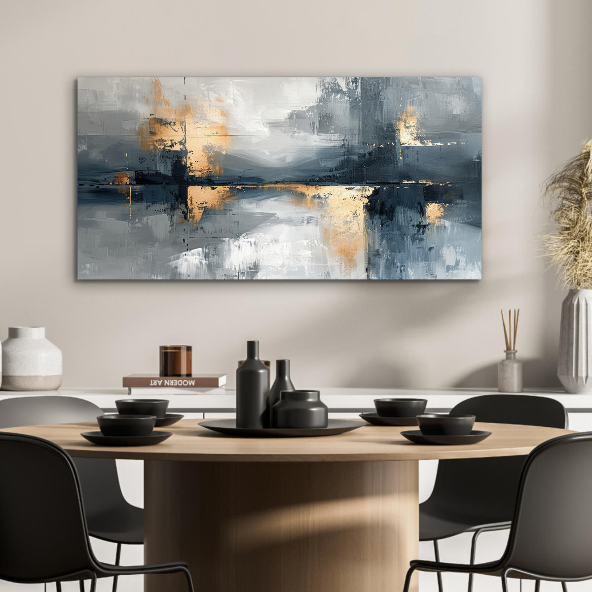 KOVOVÝ OBRAZ Umenie - sivé - zlaté - abstraktné 80x40 cm - tmavosivá, kov (80/40cm) - MuchoWow