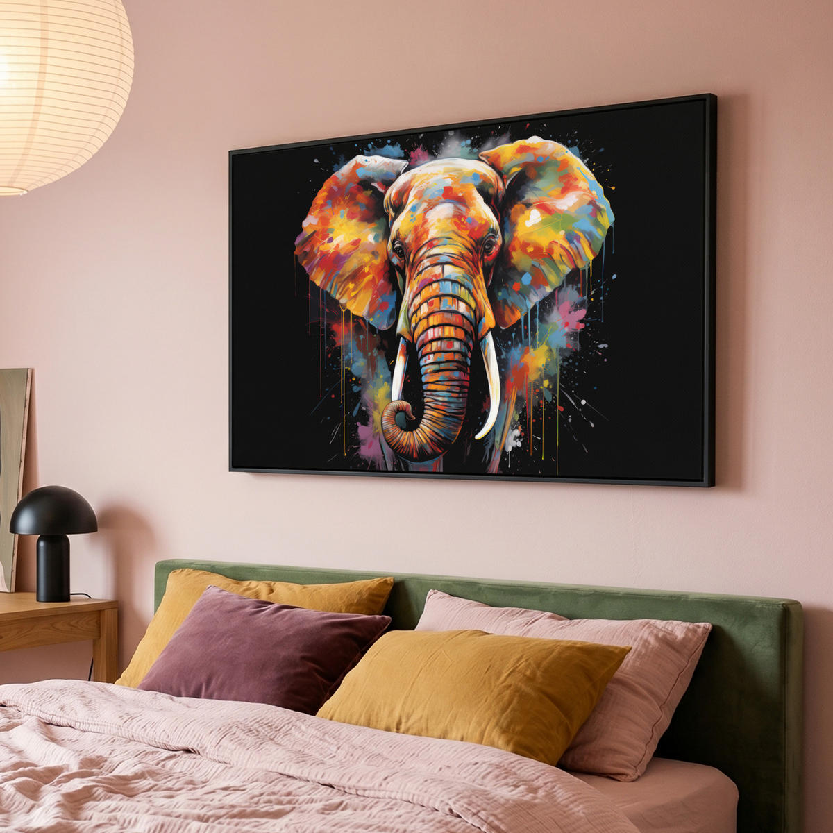 LEINWAND Bilder mit Rahmen - Elefant - Graffiti - Schwarz - Tiere - Farben - 140x90 - Schwarz, Textil (140/90cm) - MuchoWow