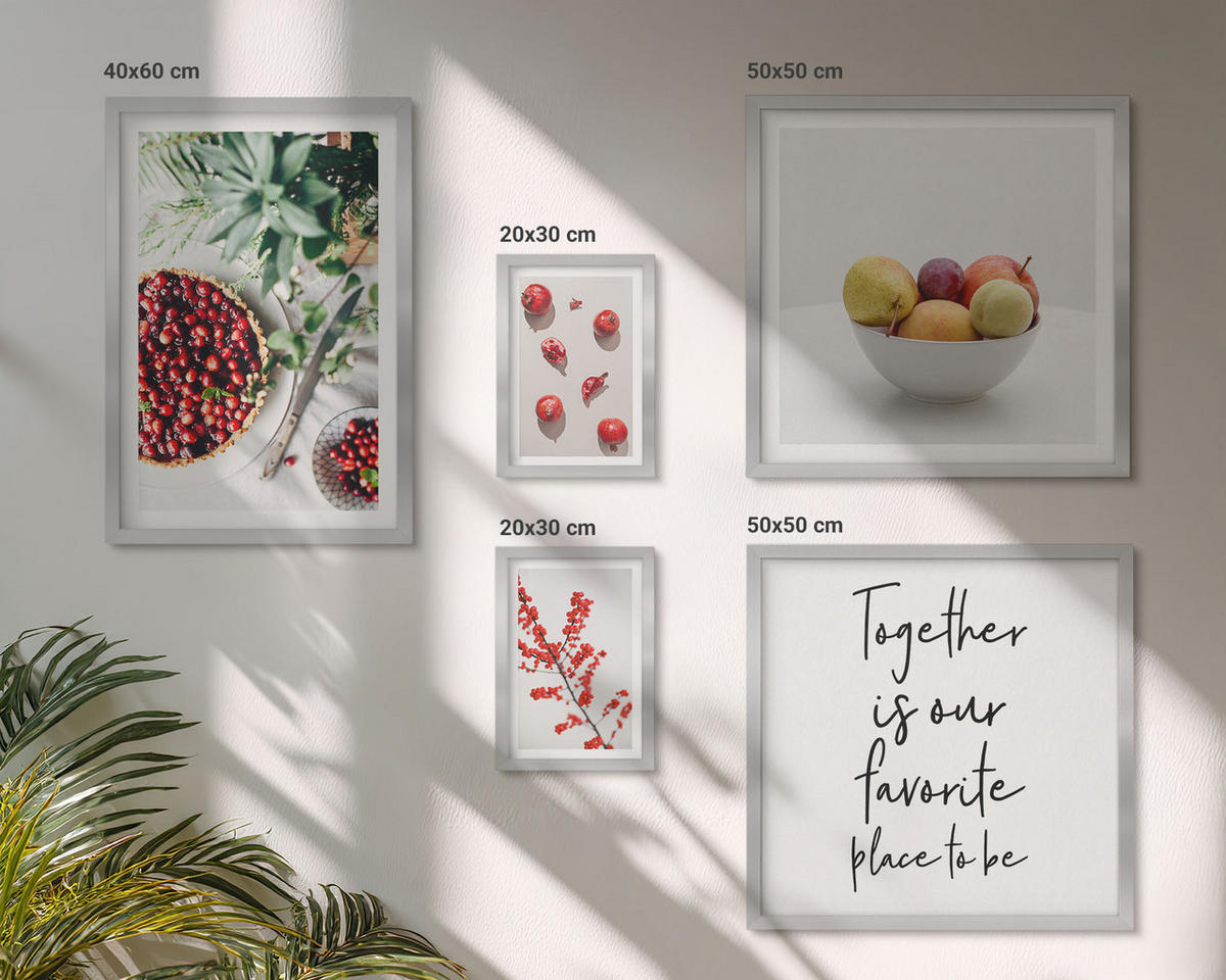 WANDBILDER 5er Set - 50x50 cm & 20x30 cm & 40x60 cm Silberner Rahmen - Minimalismus der roten Früchte von Pflanzen - Silberfarben, Kunststoff (40/60cm) - ArtPrintCave