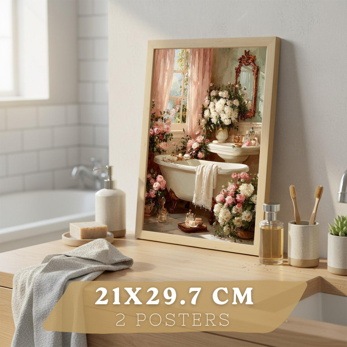 PLAKÁT Sada 3 Baño revista Světlý dřevěný rám A4 - béžová, papír (29.7/21/3cm) - Nacnic