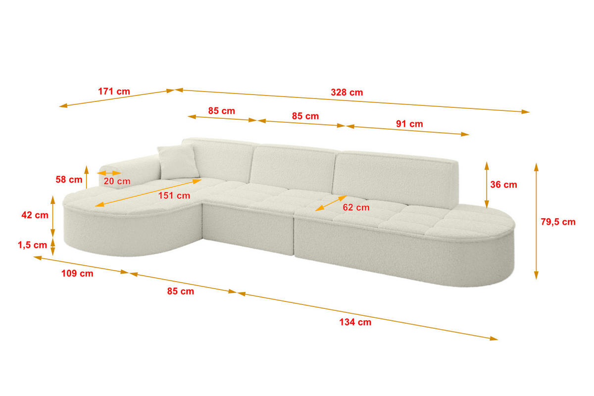 ECKSOFA Ottomane Links TARO-L2 - 328x171x79,5 cm Beige - Beige, Holzwerkstoff/Textil (328/171cm) - ALTDECOR