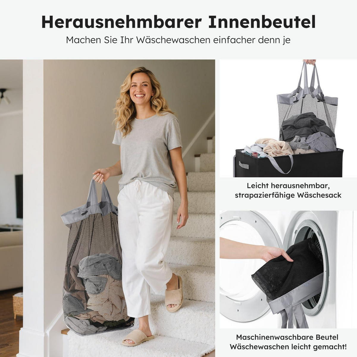 WÄSCHEKORB mit Deckel und 2 Fächern Schwarz 180L - Schwarz, Textil (39.5/70/58cm)