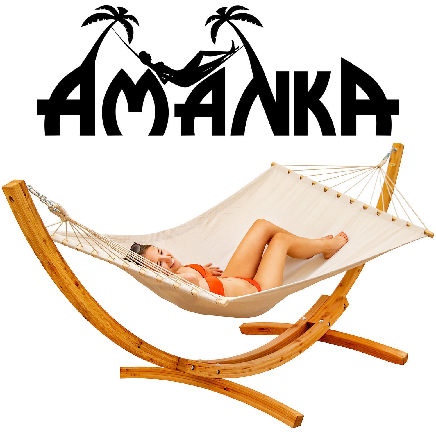 XXL-HÄNGEMATTE mit Holzgestell bis 150kg, 325/120cm, Beige - Beige, Holz (120/2.5/325cm) - Amanka