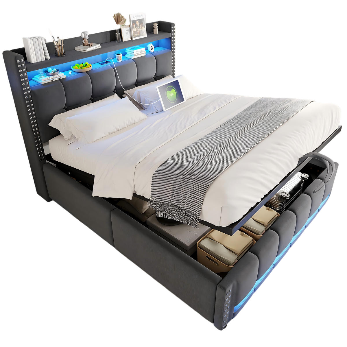 POLSTERBETT 140/200 cm Grau mit LED-Beleuchtung und Bettkasten aus Leinen - Grau, Textil (140/200cm) - OKWISH