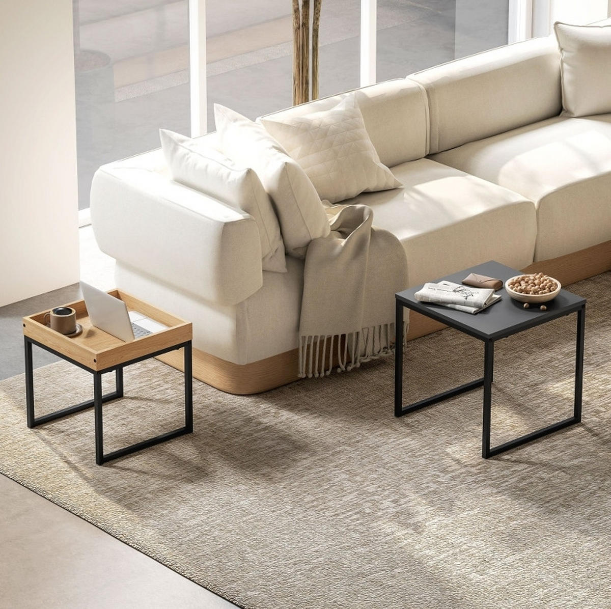 COUCHTISCH 2er-Set 45/45/45 cm & 40/40/40 cm mit Tablett, Schwarz - Schwarz, Metall (45/45/45cm) - Flora Grace