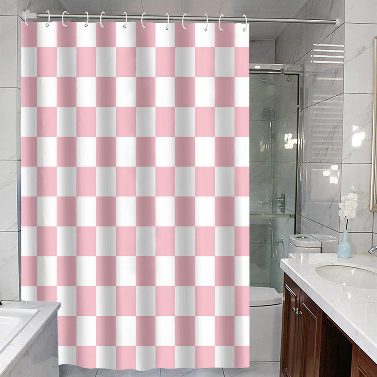 DUSCHVORHANG Rosa Weiß kariert 180 x 180 cm Schachbrettmuster wasserdicht fürs Badezimmer - Multicolor, Textil (180/180cm) - MCBOSON