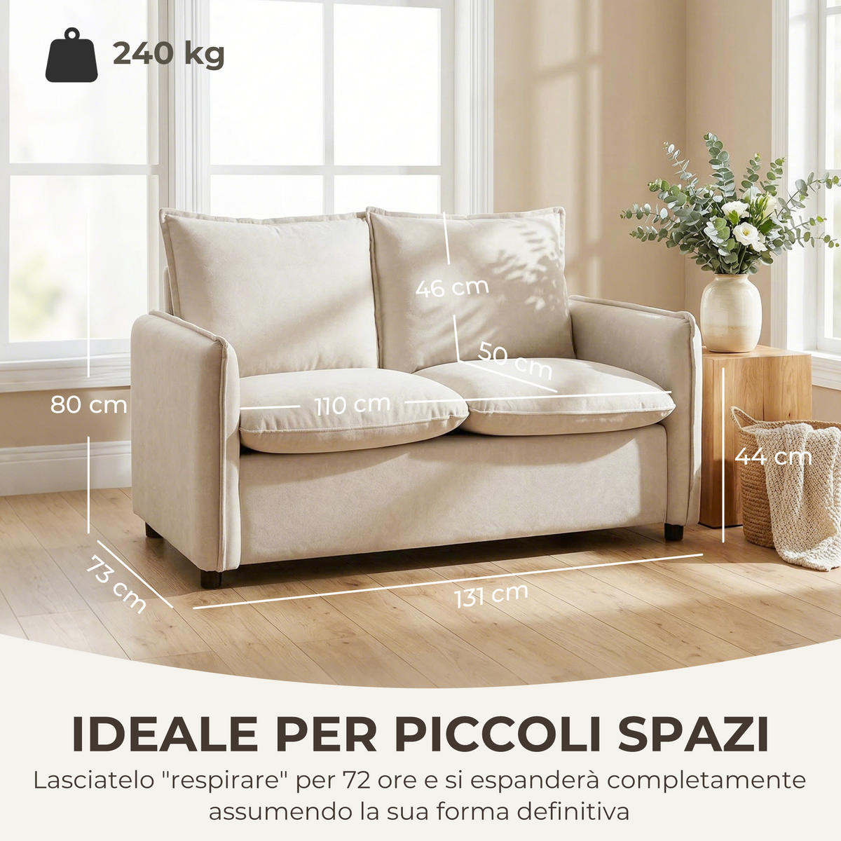SOFA, 2-Sitzer, Lederoptik, dicke Polsterung, 2 Kissen, Armlehnen, creme - Multicolor, Holzwerkstoff (131/80/73cm) - FORIOUS