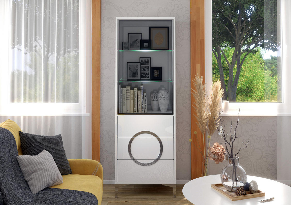 VITRINE Eva, Weiß, Silberne Akzente, Hochglanz - Weiß Hochglanz/Silberfarben, Holzwerkstoff/Metall (60/180/38cm) - Kayani