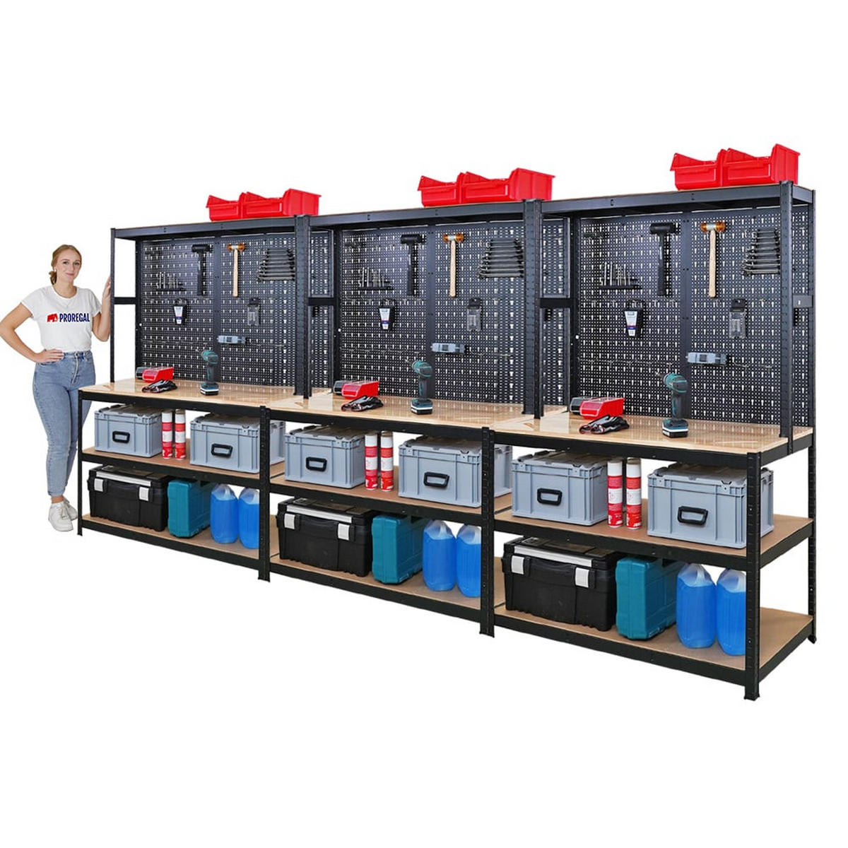 WERKBANK Giant Beast 3er-Set mit Lochwand180x120x60cm Fachlast 175kg inkl. Werkzeughalter Set Schwarz - Schwarz, Metall (240/180/60cm) - PROREGAL