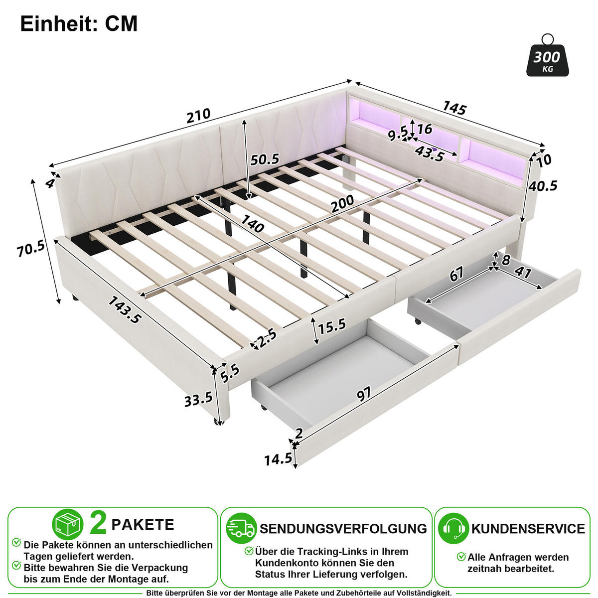 BETT 140/200 cm in Beige mit 2 Schubladen, LED und USB/Type-C Leinen - Beige, Holzwerkstoff/Textil (140/200cm) - CHICFURN