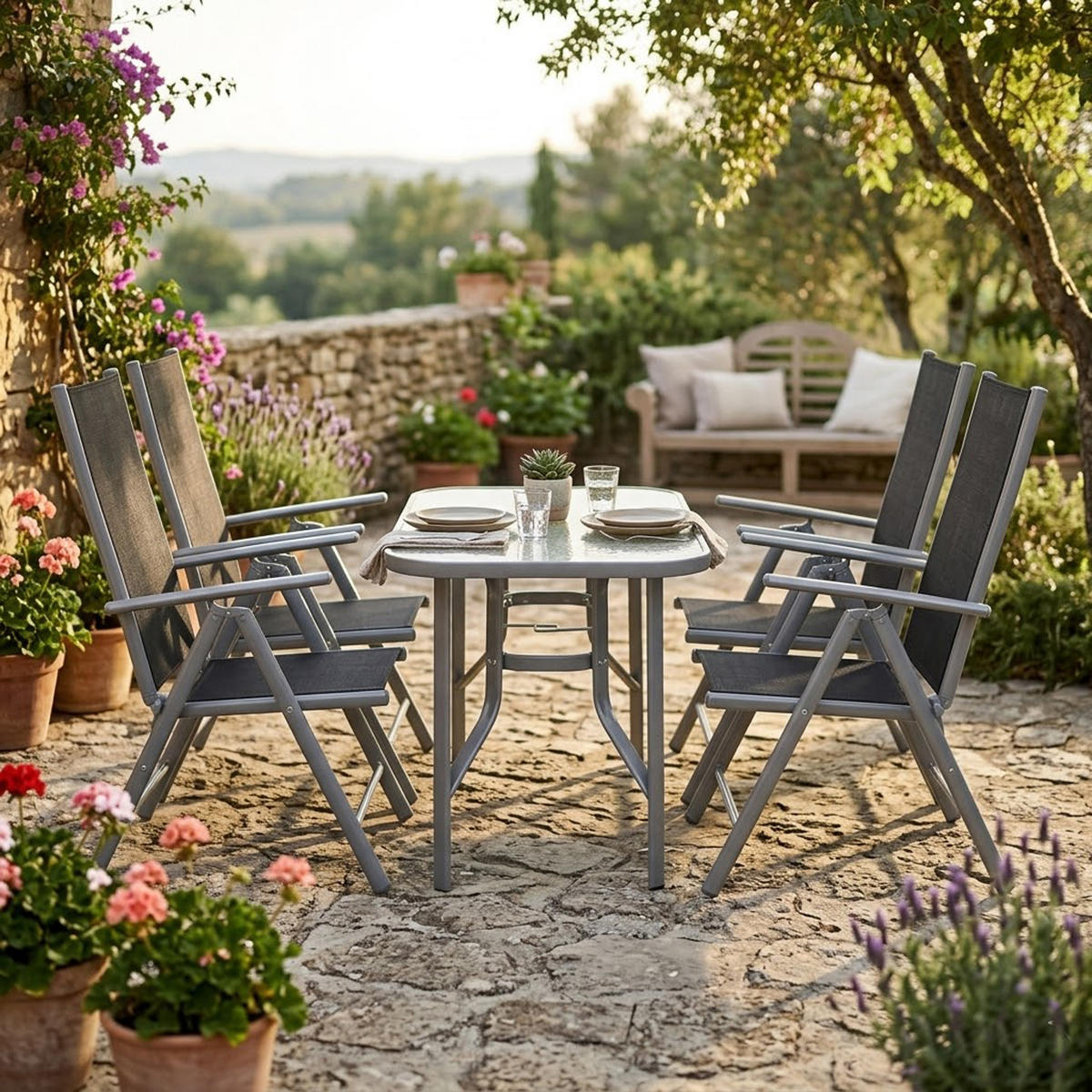 GARTEN-GARNITUR Chelmsford 5-teilig (4x Klappsessel mit Armlehnen, 1x Tisch 120x70cm) - Garten-Essgruppe mit Gestell aus Aluminium / Stahl - Grau, Metall - TPFGarden