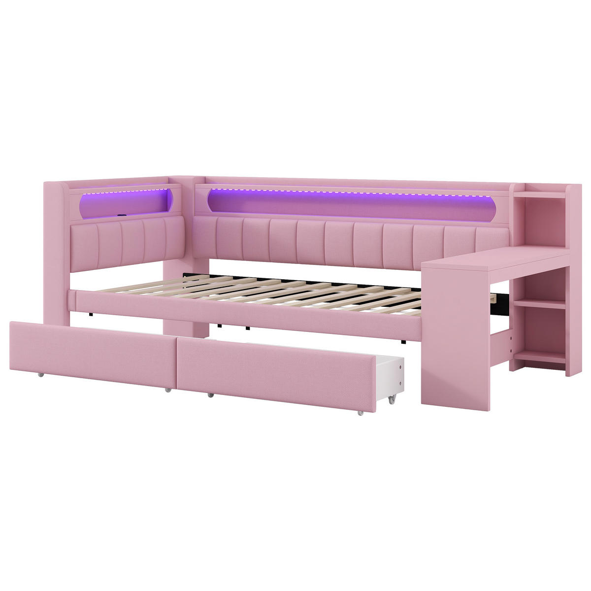 KINDERBETT 90/200 cm Rosa mit LED-Beleuchtung USB-Anschluss Schreibtisch und Schubladen - Rosa, Textil (90/200cm) - OKWISH