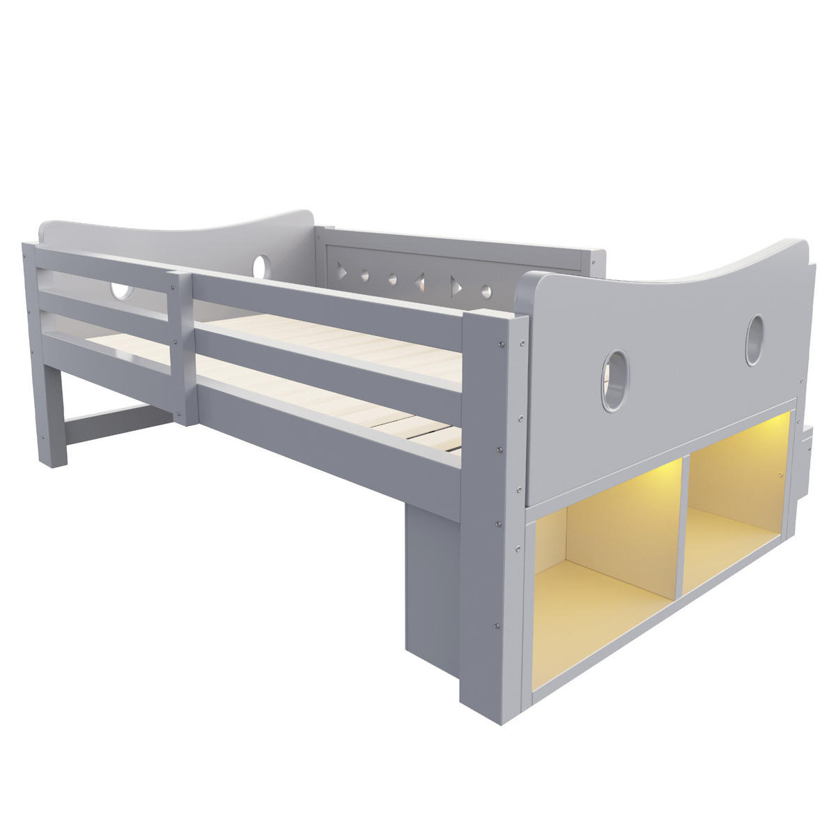 KINDERBETT Holz 90x200 cm Grau mit Stauraum, Sicherheitsgitter, LED, USB & Typ-C - Grau, Holz (90/200cm) - Modfu