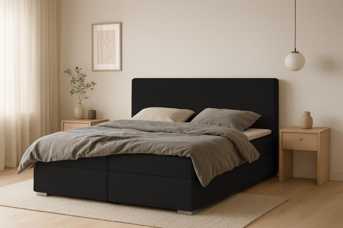 BOXBETT LON IV 140/200 in Cord Schwarz H3 - Schwarz, Holz/Holzwerkstoff (140/200cm) - Deine Möbel 24