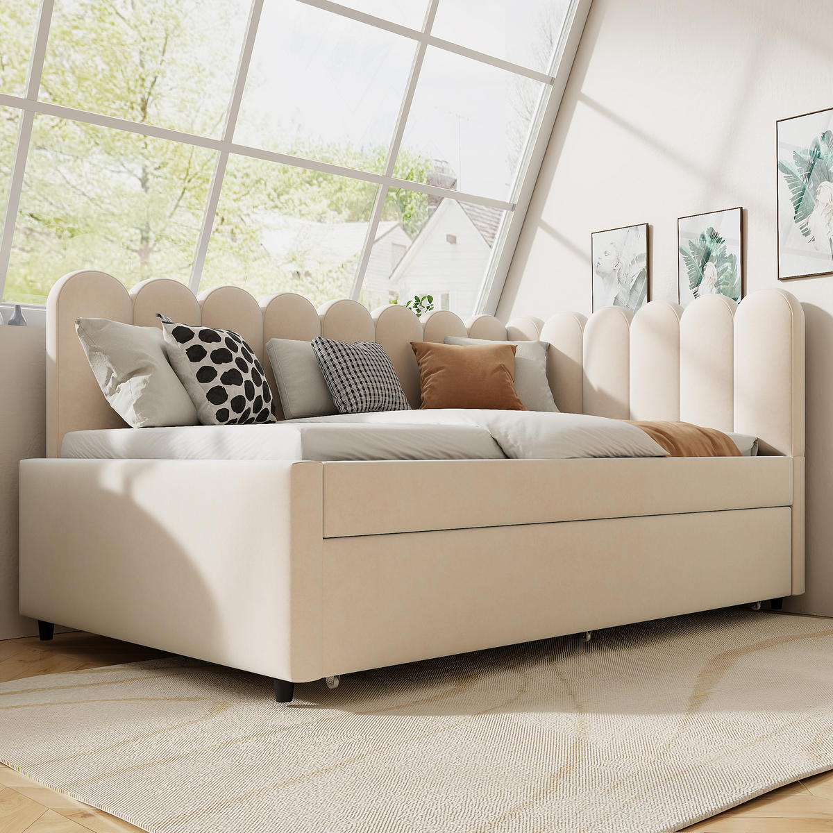 AUSZIEHBETT 140/230/200 cm DE-02037, in Beige, mit L-Form - Beige, Metall (140/200cm) - ComfortXL