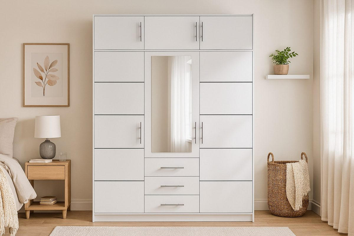 DREHTÜRENSCHRANK LABOO 147/245/58 cm in Weiß mit Aufsatz - Weiß, Holzwerkstoff (147/245/58cm) - Deine Möbel 24