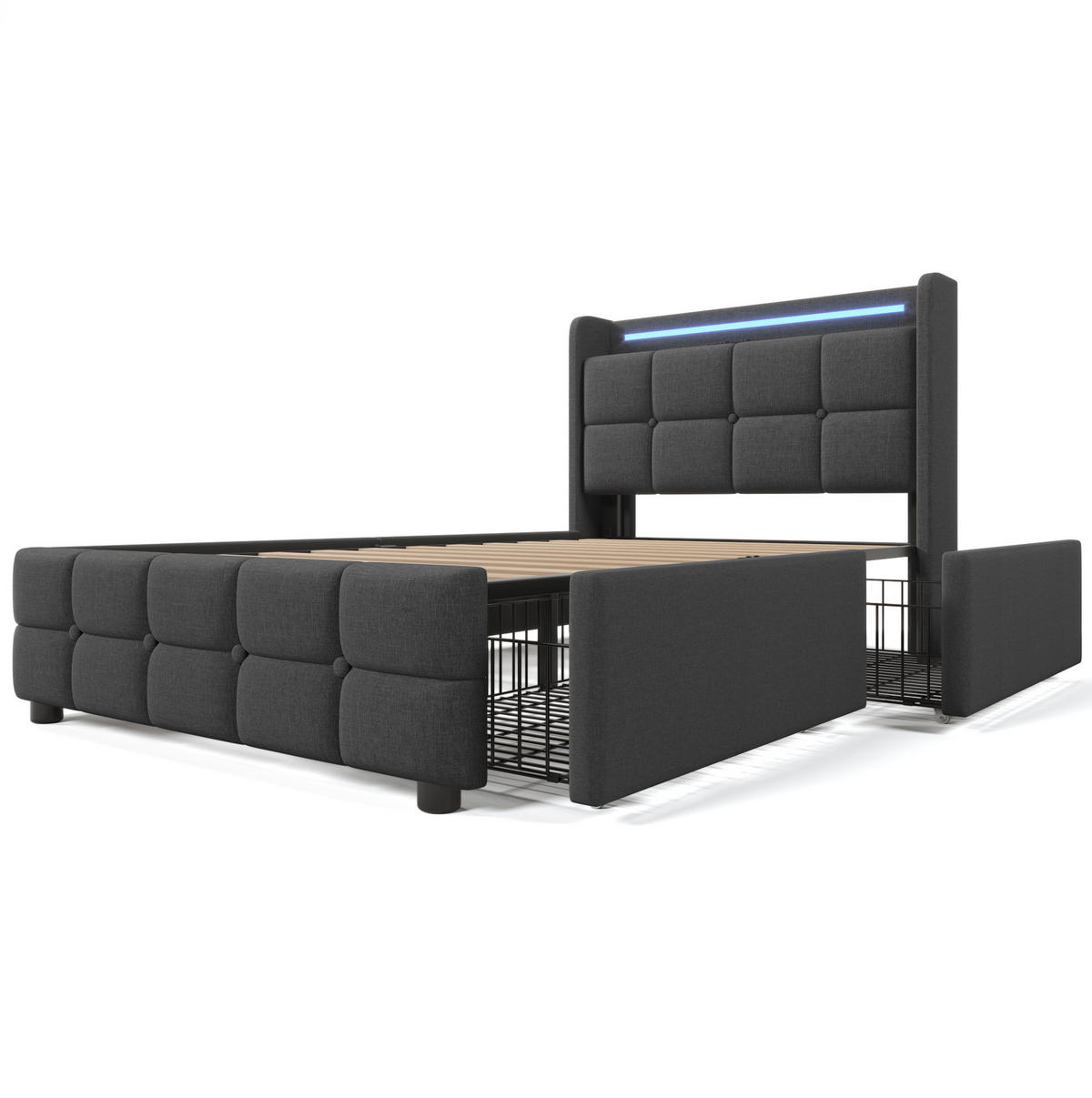 POLSTERBETT mit LED-Beleuchtung 90/200 cm mit USB-Anschlüssen & 2 Schubladen, Grau - Grau, Holz (90/200cm) - BEAOK