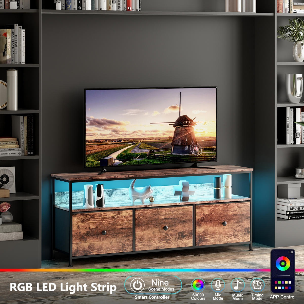 TV Board 137 cm Industrial mit LED RGB Fernsehtisch Holzoptik 3 Schubladen - Schwarz, Holz (137/57/29.8cm)
