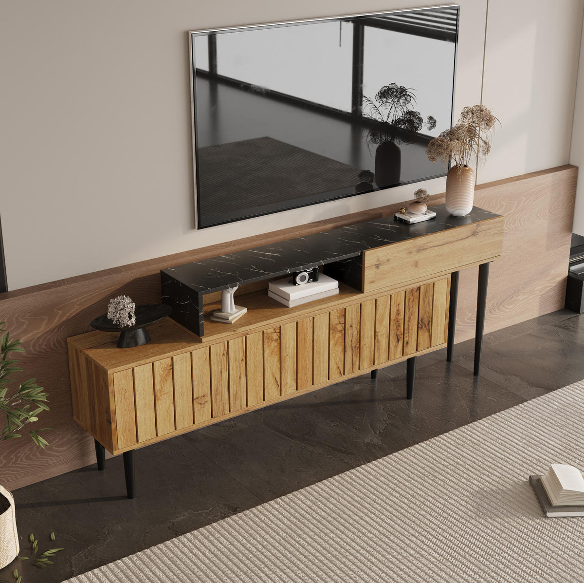TV-STÄNDER mit Regalfächern MDF in Marmor- und Holzoptik - Braun, Holzwerkstoff (30/58/129cm) - Beauniv