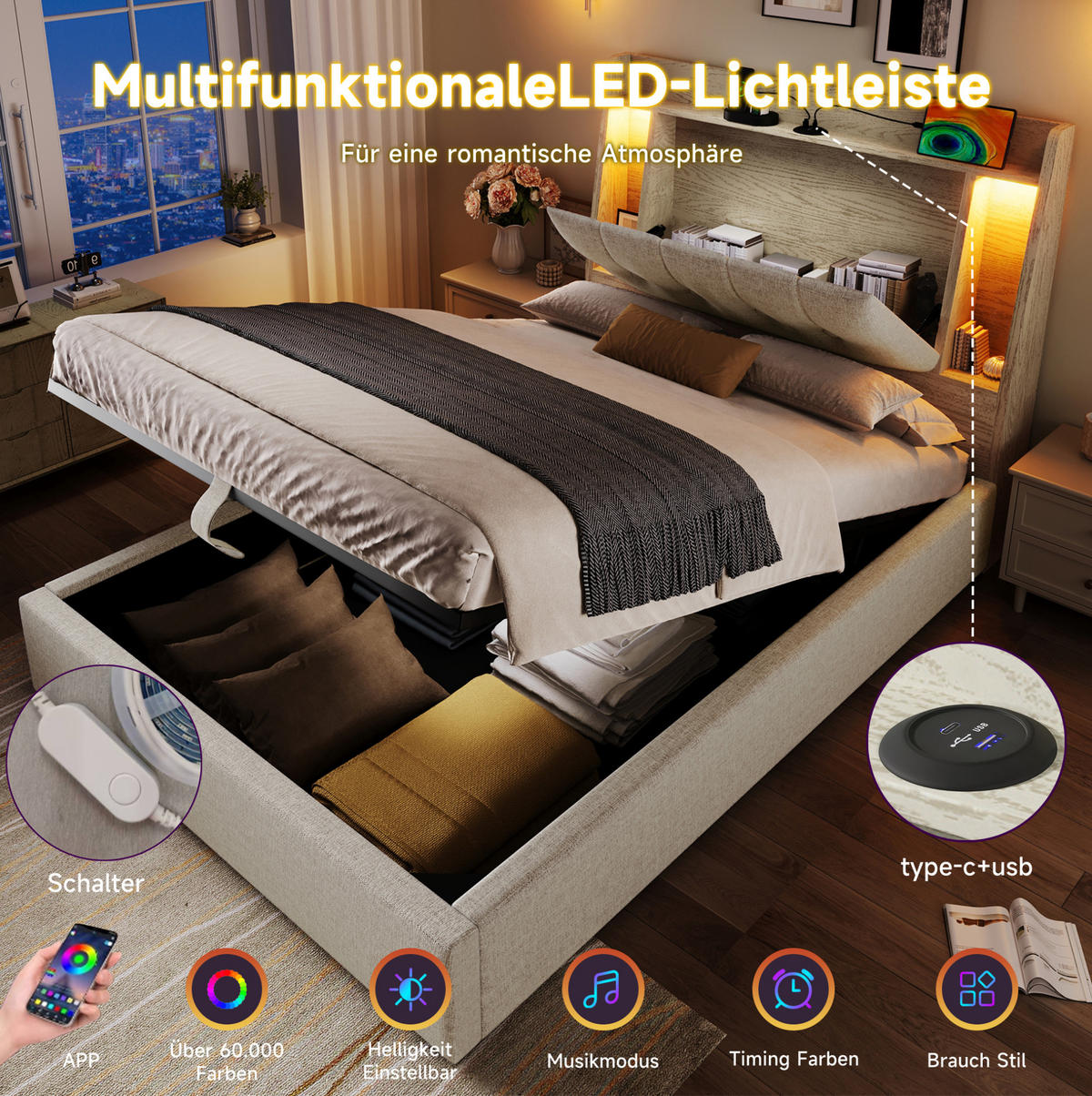 POLSTERBETT 90/200 cm in Beige mit LED-Beleuchtung und USB- und Type-C-Anschlüssen - Beige, Textil (90/200cm) - Flora Grace