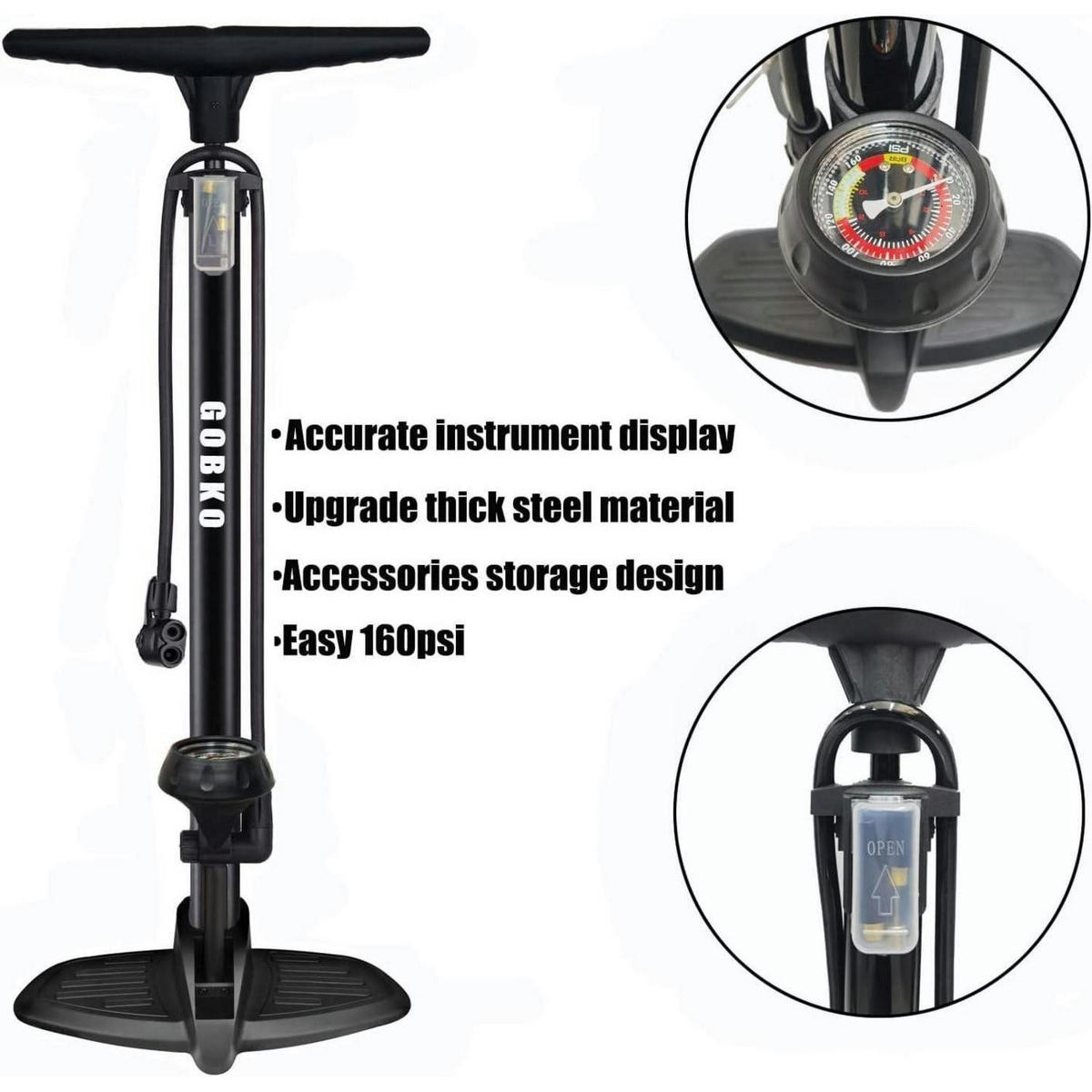 FAHRRADPUMPE mit Manometer Schwarz - Schwarz, Metall (23.5/12/45cm)