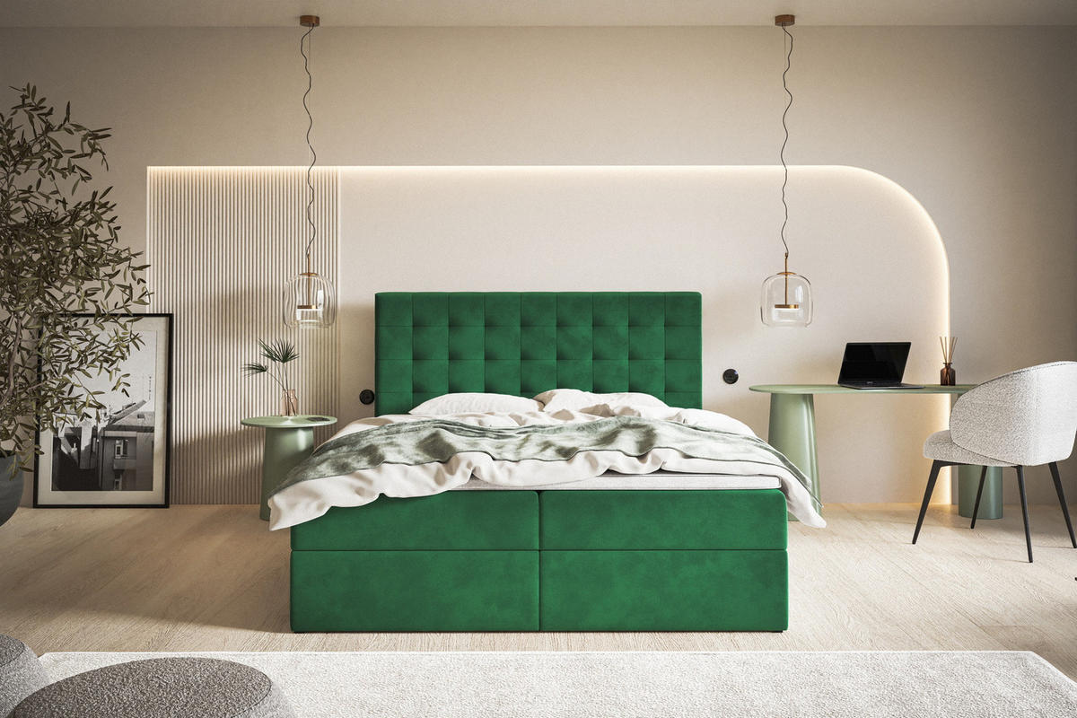 BOXSPRINGBETT 180x200 Jora mit Matratze H3, Bettkasten, Grün - Grün, Holz/Textil (180/200cm) - Emporius