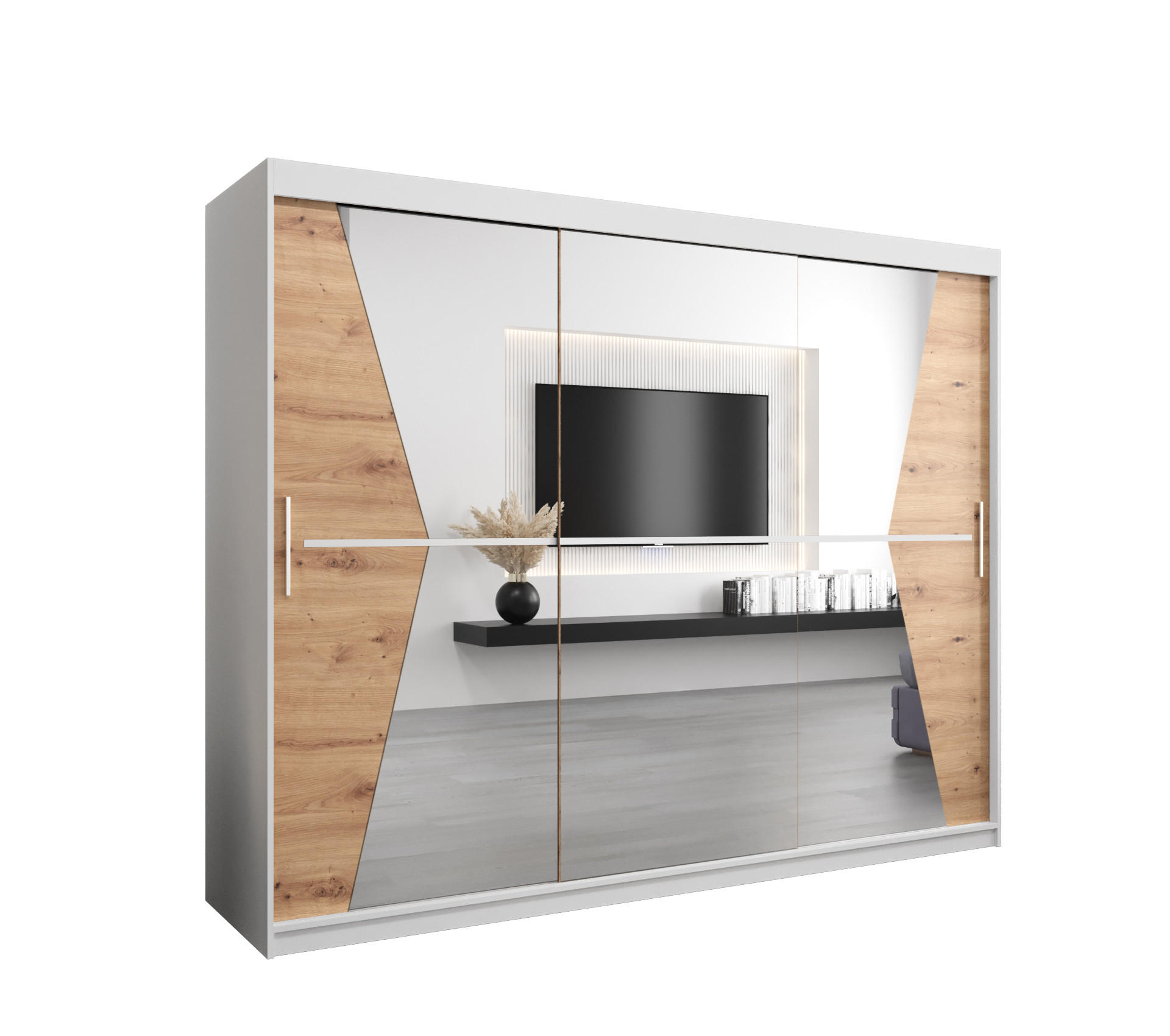 Abiks Möbel Schwebetürenschrank Weiß, Eiche Artisan 250x200x62 cm