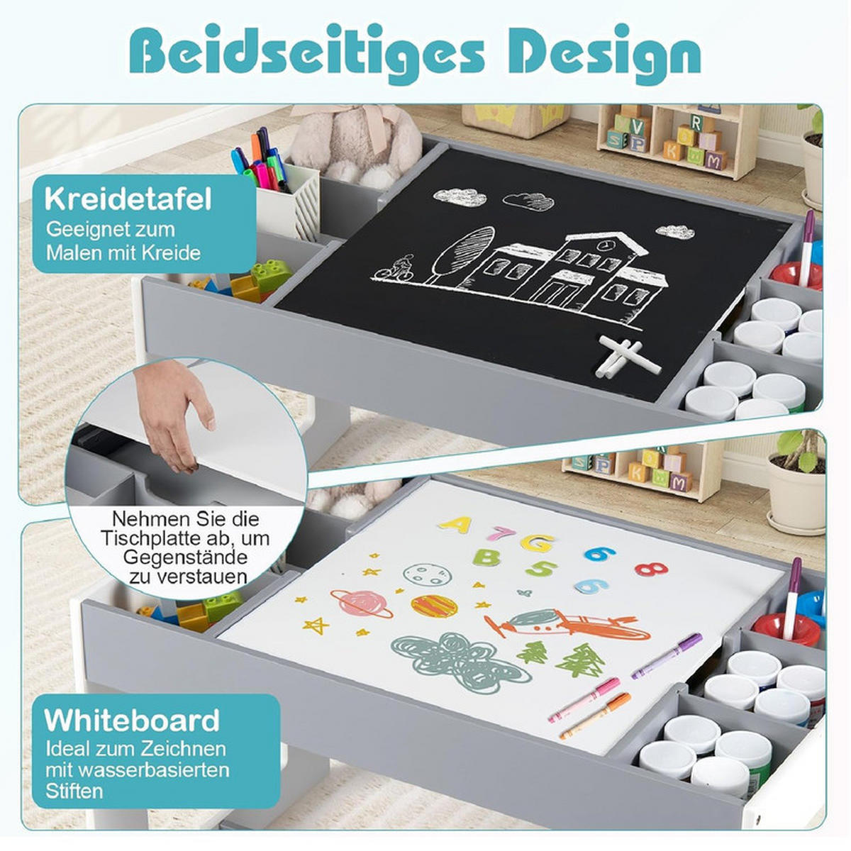 KINDERTISCH mit Stuhl grau(3-tlg) - Grau, Holzwerkstoff (80/48/49cm) - COSTWAY