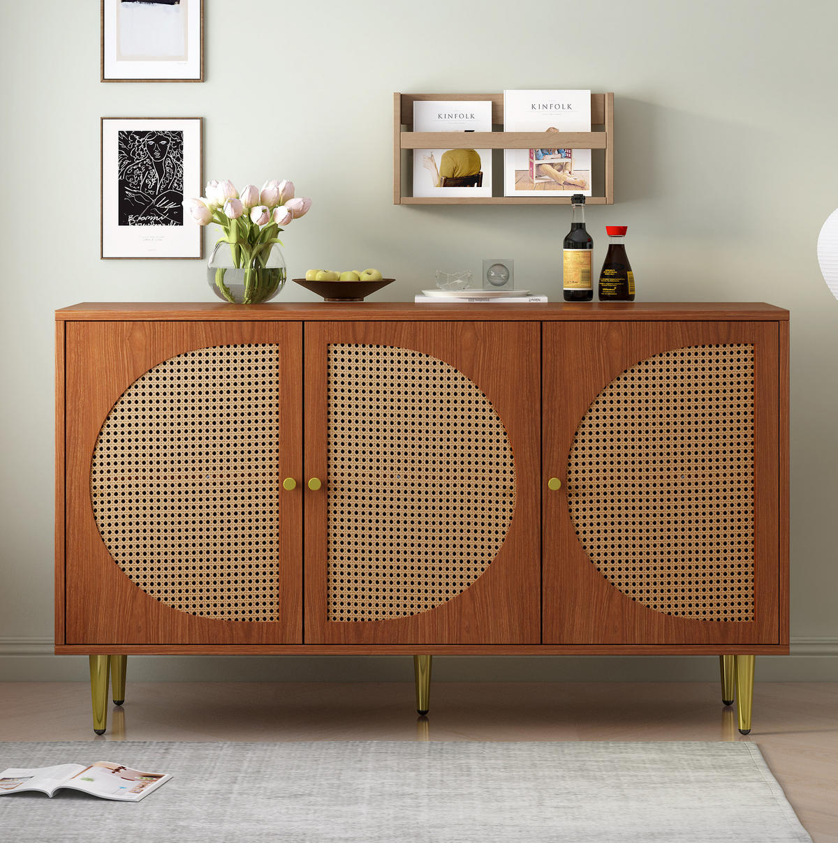 SIDEBOARD 129,8/40/76 cm mit 3 Türen in Walnussfarben & Rattan-Optik - Walnussfarben, Holzwerkstoff (129.8/76/40cm) - BEAOK