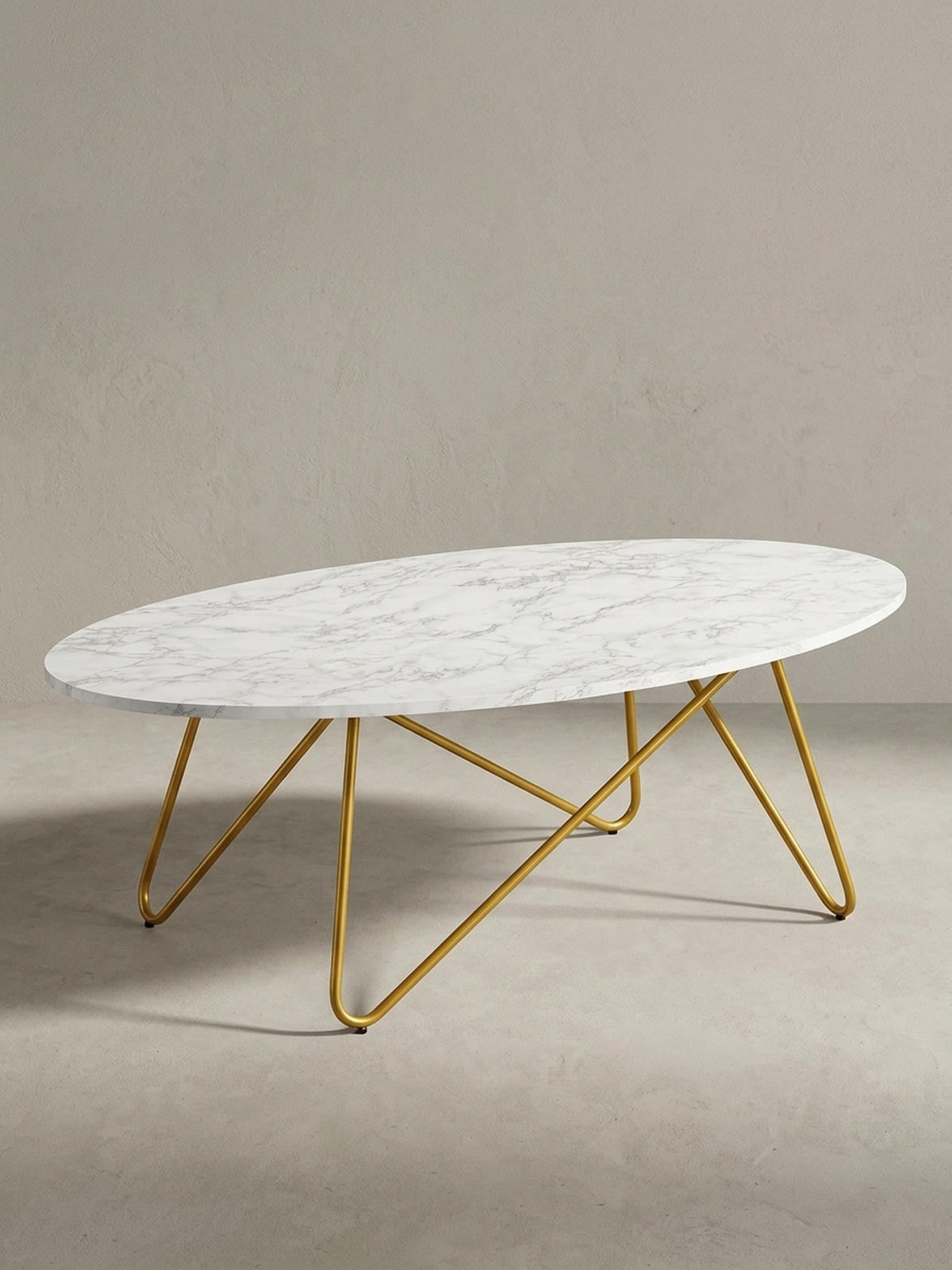 COUCHTISCH Oval in Marmor-Optik mit goldfarbenem Gestell, Maße 120x40x60 cm - Goldfarben/Weiß, Holz/Metall (60/120/40cm) - KADIMA DESIGN