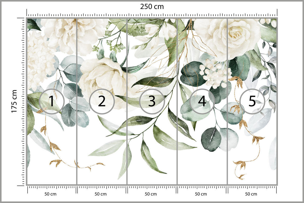 FOTOTAPETE für Schlafzimmer Aquarell Weiße Blumen Pfingstrosen Blätter Natur 250x175 - Creme/Weiß, Papier (250/175cm) - Muralo