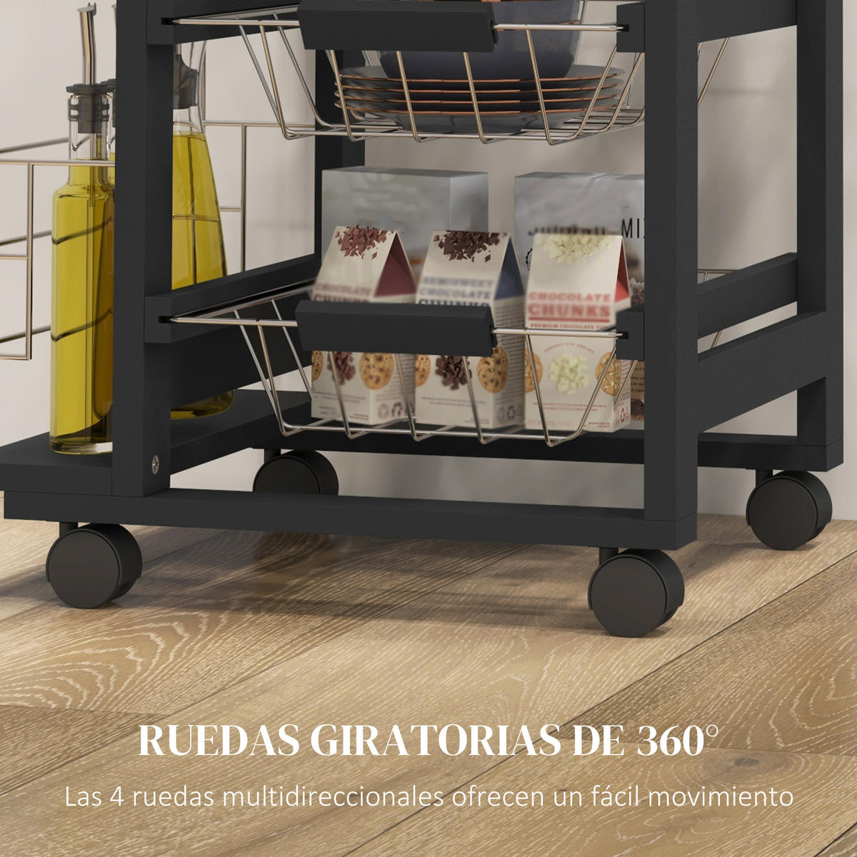 KÜCHENWAGEN, Wagen 47 x 37 x 83 cm mit 4 Körben, Schwarz - Multicolor, Metall (47/83/37cm) - FORIOUS