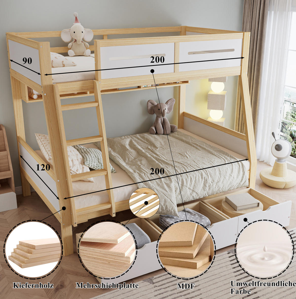 ETAGENBETT 90/200 & 120/200 cm mit Schubladen und Bücherregal in Weiß/Natur - Weiß, Holz (90/200cm) - BEAOK