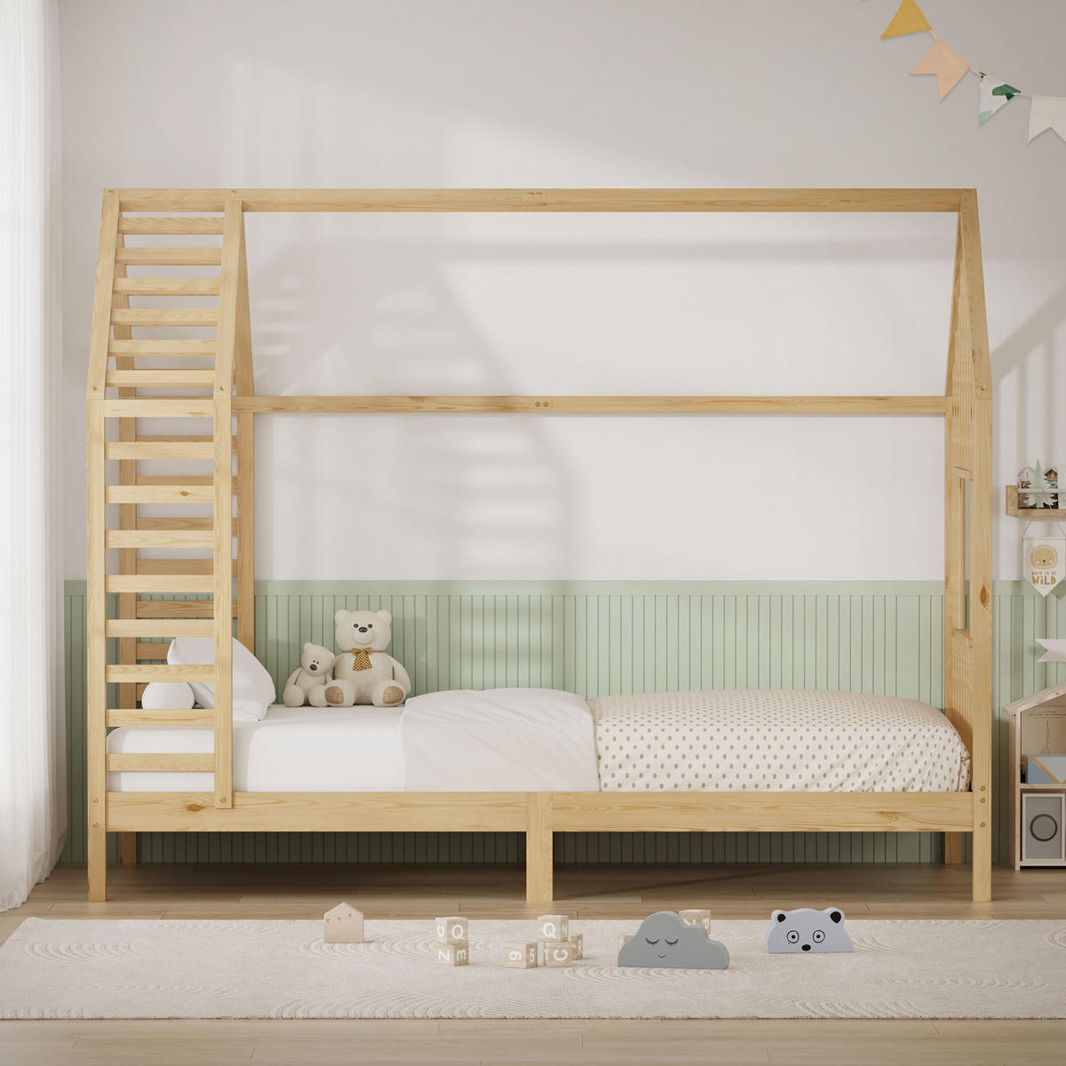 DĚTSKÁ POSTEL 90 x 200 cm s matrací, lamelovým roštem a střechou, postel ve tvaru domečku z masivního borovicového dřeva, přírodní - přírodní, dřevo (90/200cm) - ML-DESIGN