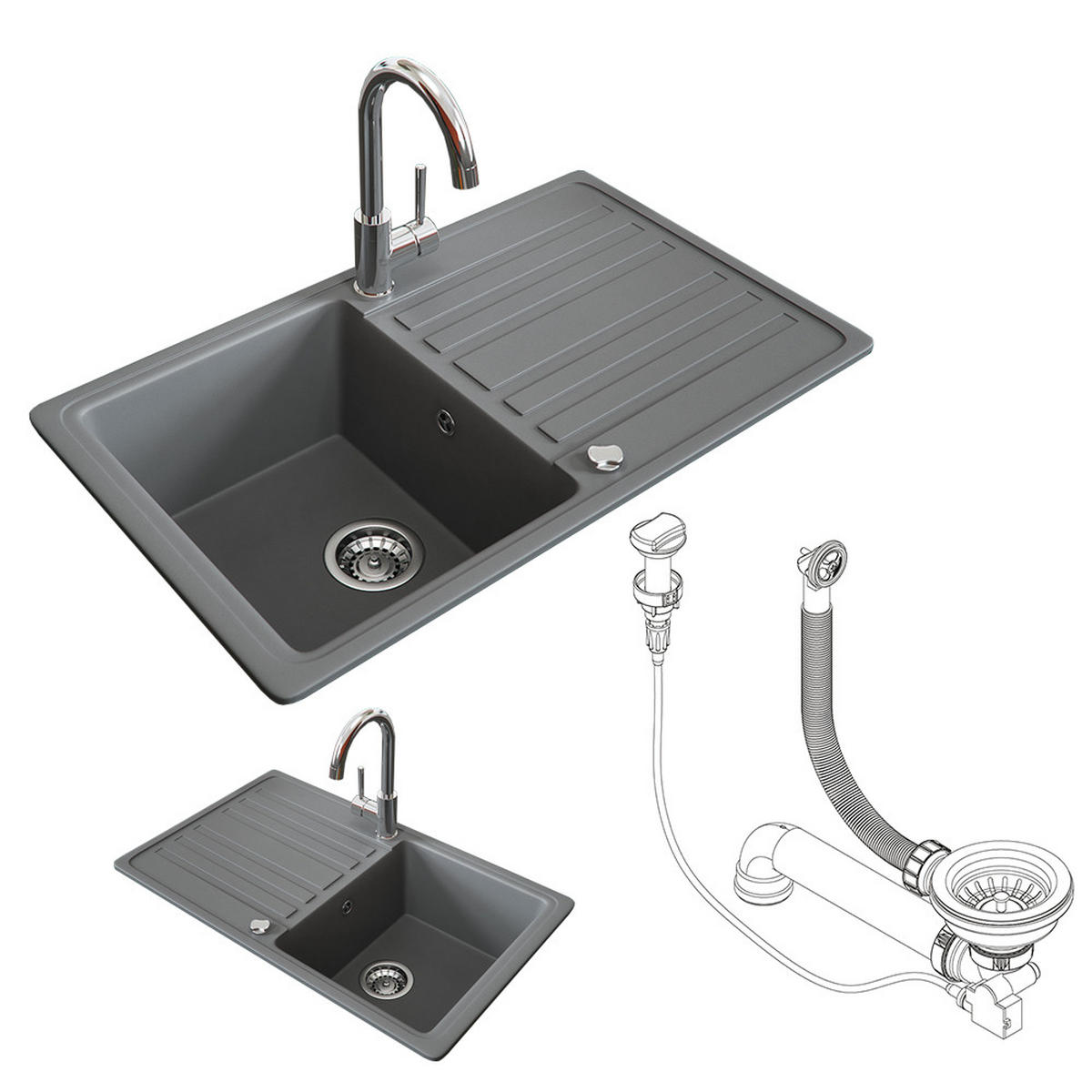 SPÜLBECKEN Grau 76.5 x 46 cm mit Trockenplatz - Dunkelgrau, Keramik (76.5/19/46cm) - Bergstroem