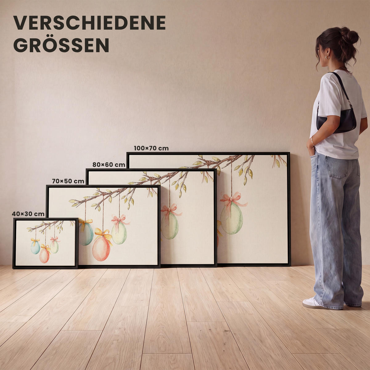 LEINWAND Bilder mit Rahmen - Osterkuchen - Schleife - Eier - 70x50 - Creme, Textil (70/50cm) - MuchoWow