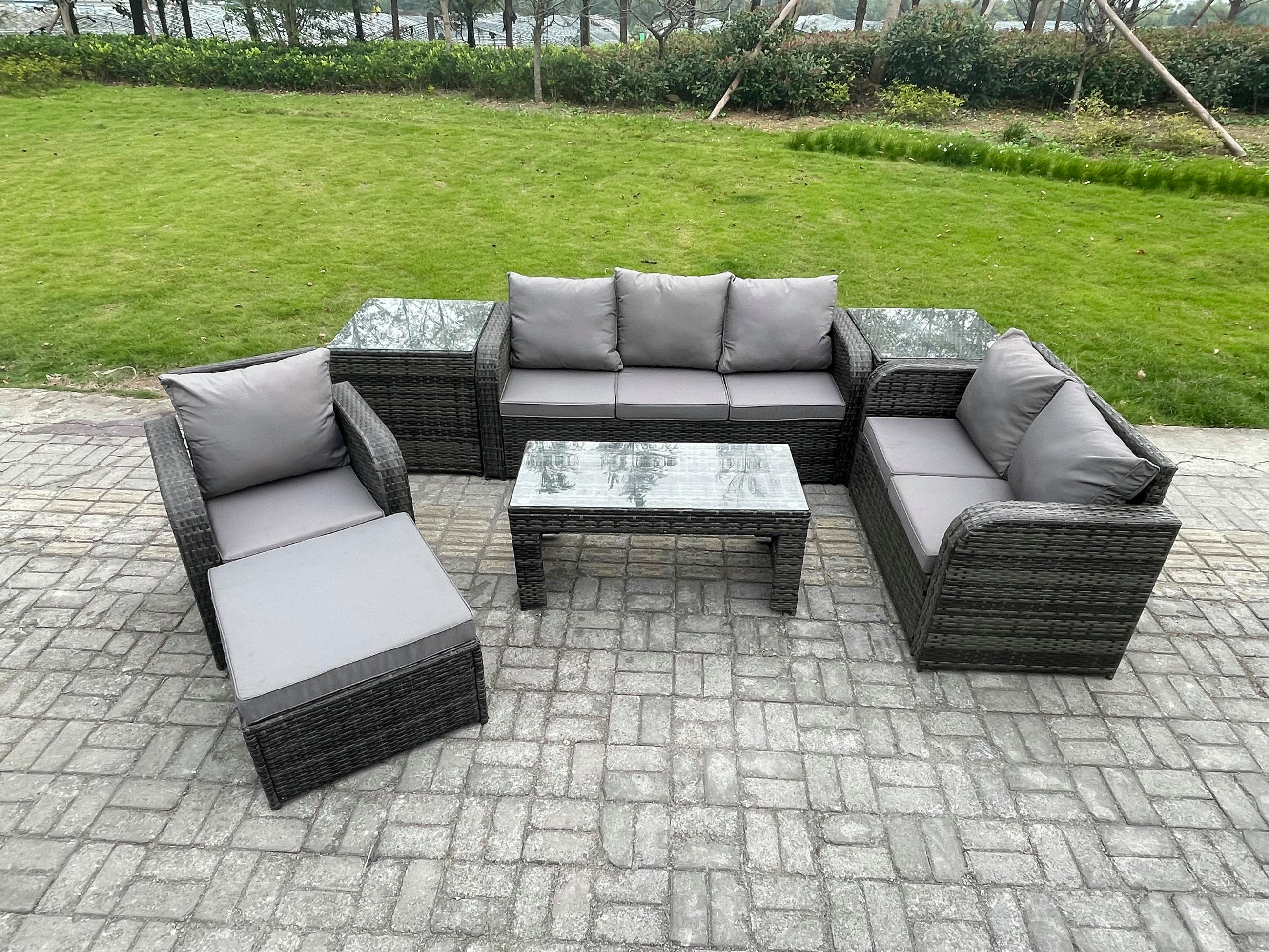 GARTENSOFA SET mit rechteckigem COUCHTISCH Polyrattan 8-Sitzer Dunkelgrau - Dunkelgrau/Grau, Glas/Kunststoff - Fimous