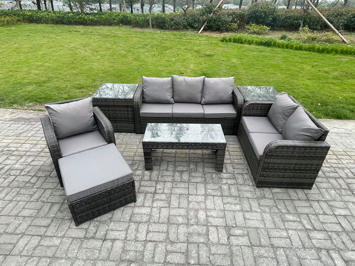 GARTENSOFA SET mit rechteckigem COUCHTISCH Polyrattan 8-Sitzer Dunkelgrau - Dunkelgrau/Grau, Glas/Kunststoff - Fimous