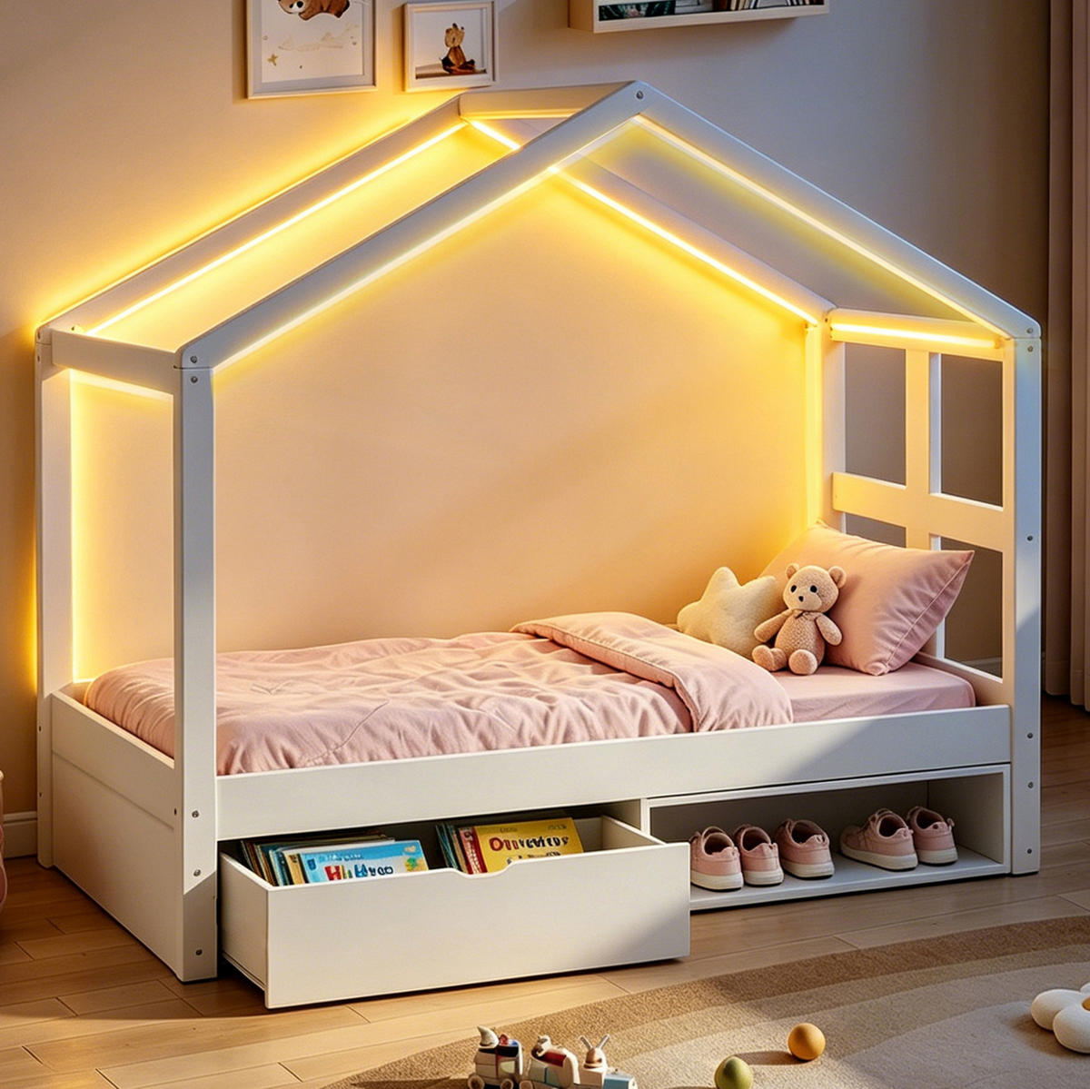 JUGENDBETT 90/180 cm weiß aus Holz mit LED, Schublade und Schuhschrank - Weiß, Holzwerkstoff (90/190cm) - OKWISH